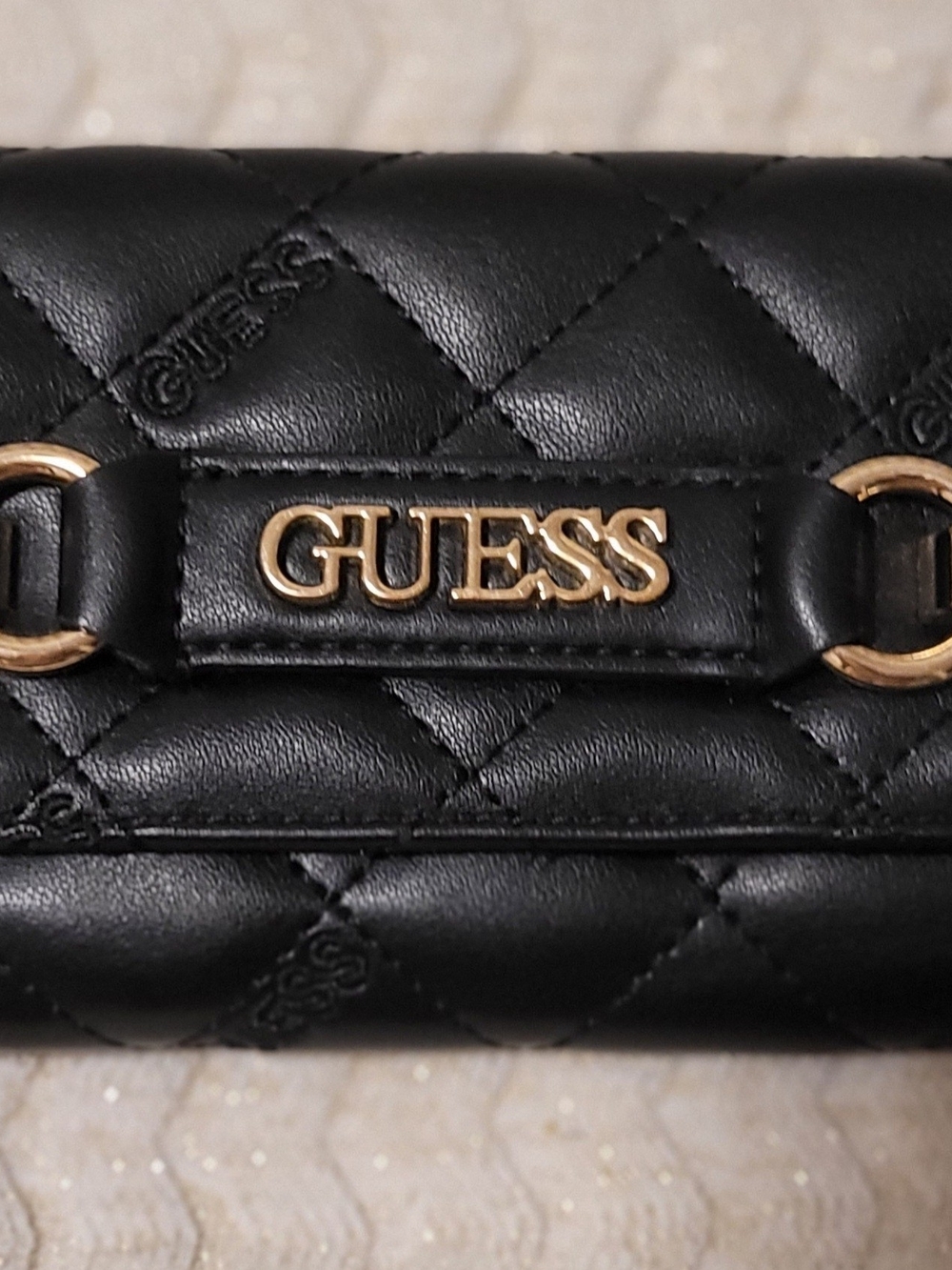 GUESS Black Quilted Wallet with Gold Logo Accent